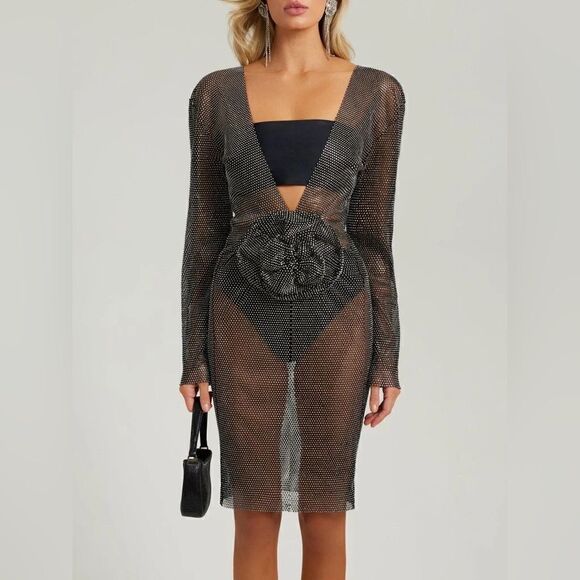 NWT HEIRESS BEVERLY HILLS Black crystal metal mesh flower embellished midi dress - Picture 1 of 4